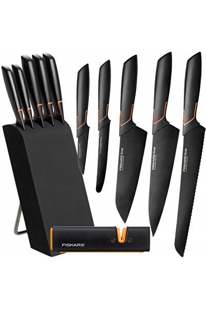 FiSKARS SET 5 CUȚITE DE BUCĂTĂRIE ÎN BLOCK, CU TĂIȚĂRI ASCUȚI, NEGRE + ASCUȚITOR