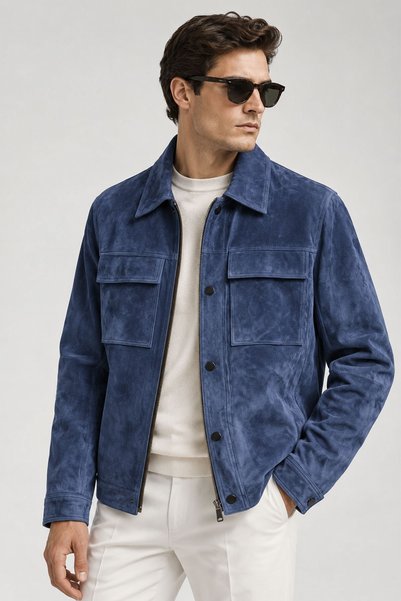 Deriderim Blue Safari Men's Shirt Collar Genuine Suede Jacket