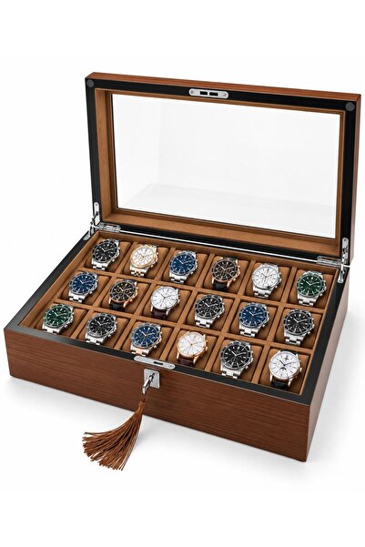 ROBERT TAYLOR Watch Box 18-Piece Walnut Plain Patterned