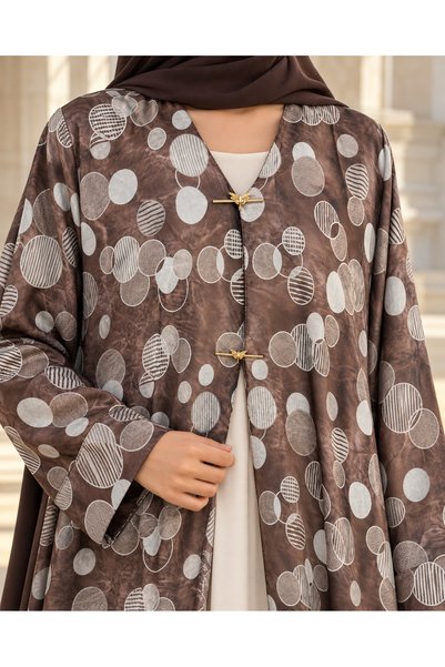 KAVALEE Mocha Brown Circle Print Open Abaya with Gold Butterfly Clasps & Matching Scarf
