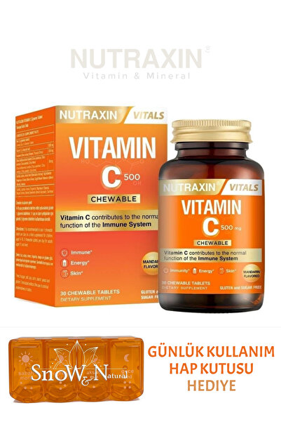 Nutraxin Chewable Vitamin C 500 mg | Çiğnenebilir Form | 30 Tablet + Hap Kutu...