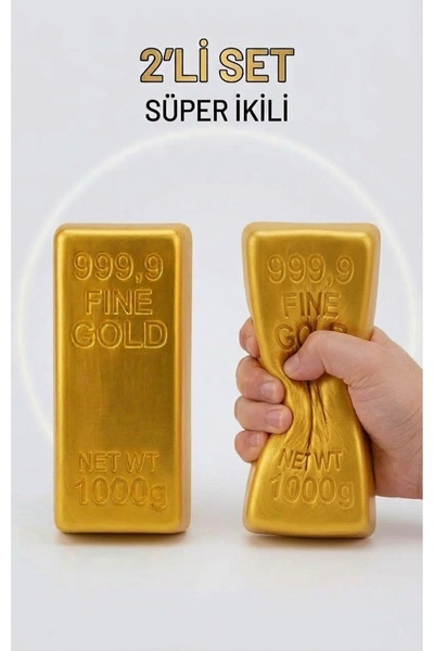 2'li Set Altın Külçe Stres Oyuncağı - 1000g Görünümlü Sıkılabilir Yumuşak Esnek Hediye Seti