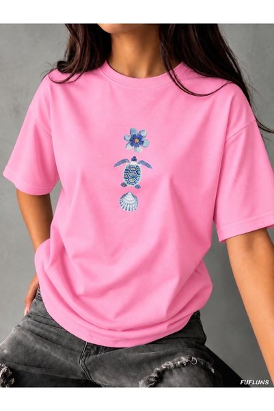 FUFLUNS Flower Sea Shell Printed Women's Oversize Crewneck T-Shirt