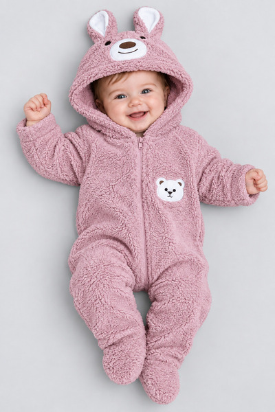 caddekids Ayıcık Figürlü Welsoft Peluş Kapüşonlu Fermuarlı Kışlık Bebek Astro...