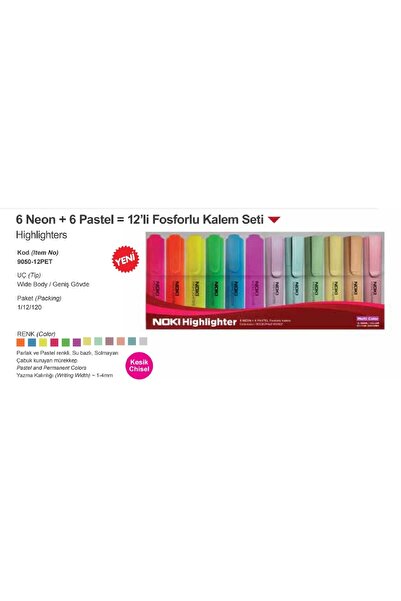 IKON OFİS Noki Fosforlu Kalem 6 Pastel+6 Neon 12'li Set