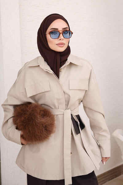 İmajButik Stone Buttoned Lined Short Trench Coat