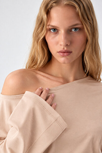 COMBİNE MİCHAİL Asymmetric Collar Casual Beige Knitted Blouse