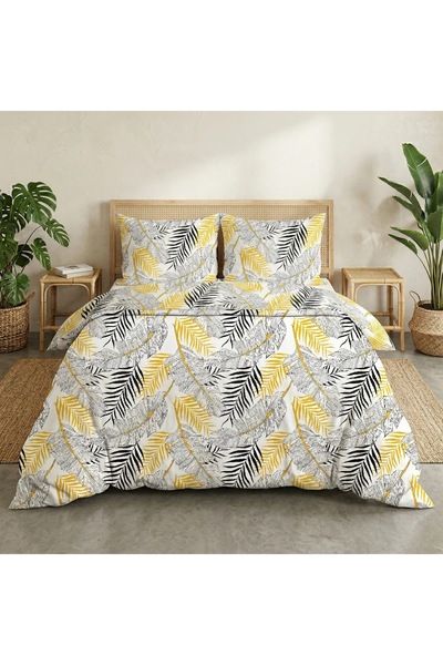 J W SAX Lenjerie de pat 135x200 cu frunze, bumbac premium J&W, culoare muștar...