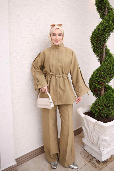 İmajButik Yağ Yeşili Bel Bağlamalı Düğme Detaylı Tunik Pantolonlu Takım
