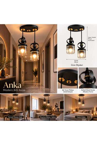 Şaheser Anka 2’lİ Sarkıt Avize – Siyah Gold Detaylı Modern Camlı Salon, Korid...