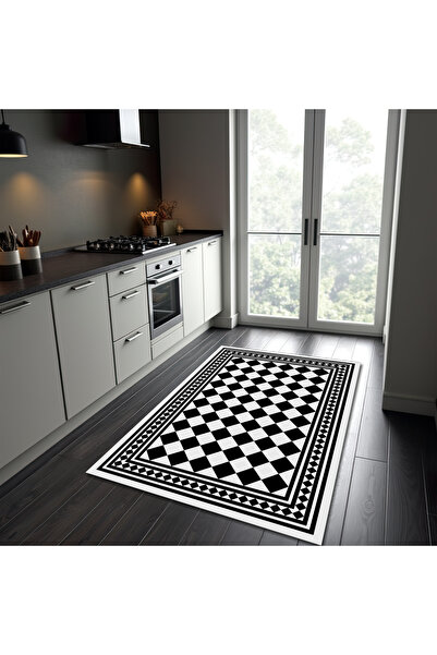 NesaDecor Damalı Geometrik Desenli Siyah Beyaz Mutfak Banyo Antre Halısı