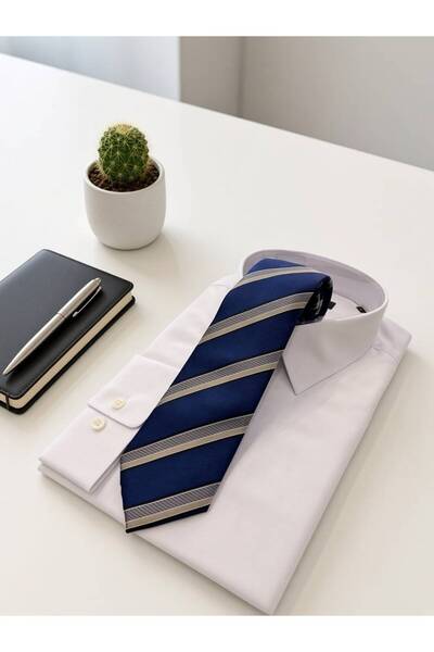 Sarar Microfiber 8 cm Çizgili Mavi-Bej Kravat