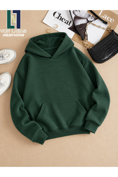 PANDORICA Tamnozeleni osnovni sweatshirt sa kapuljačom od 3 niti, prevelik, z...