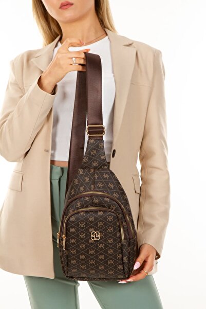 Newish Women's Black Leather Monogram Patterned Cross Waist Chest and Shoulde...
