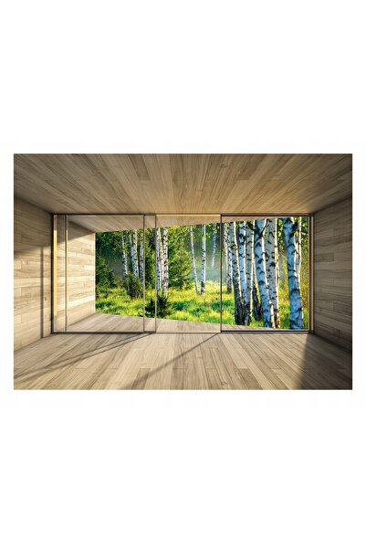 Wallarena Tapet foto 3D Fereastră cu vedere la pădure de mesteacăn 254x184