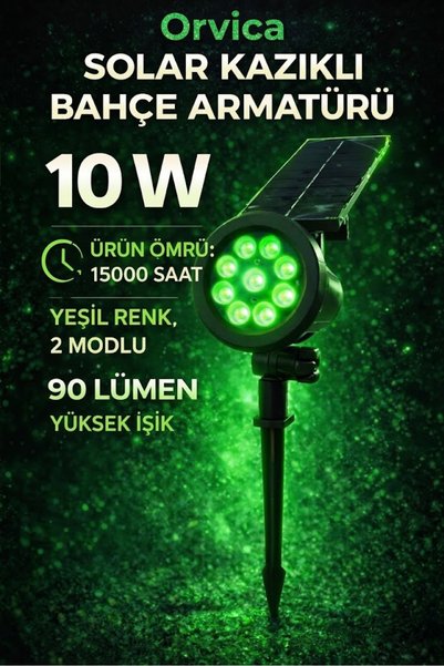 ORVİCA SOLAR GÜNEŞ ENERJİLİ - 10 W YÜKSEK IŞIK ÇİM ARMETÜR YEŞİL RENK BAHÇE AYDINLATMASI