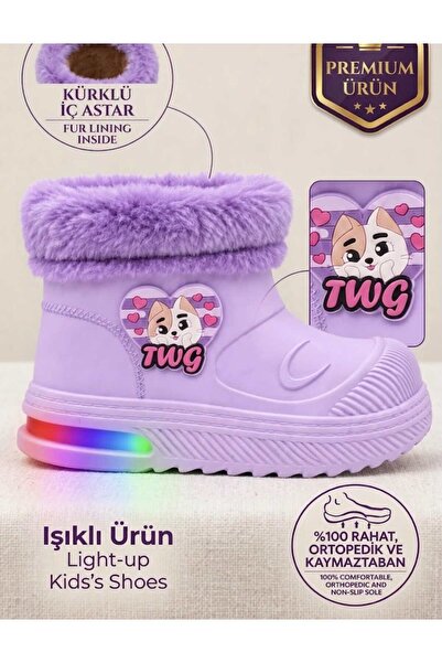 mustey Çocuk Kışlık ışıklı Bot Kürklü Çizme İçi Sıcak Astarlı Kalın Suya Daya...