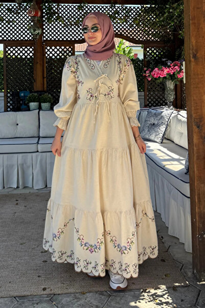 Rabia Şamlı Firuze Nakışlı Elbise Krem