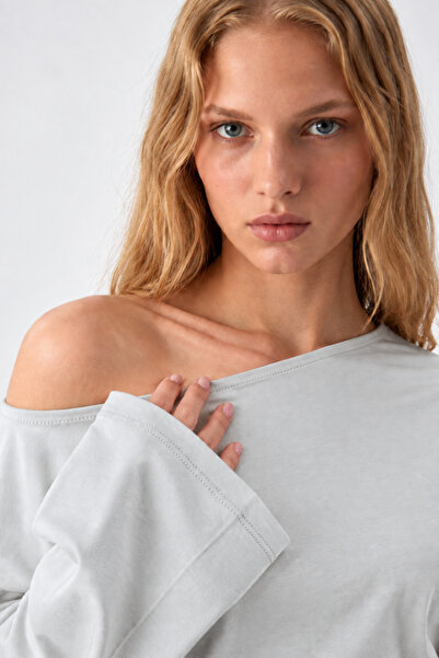 COMBİNE MİCHAİL Asymmetric Collar Casual Gray Knitted Blouse