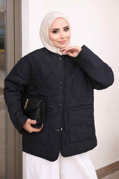İmajButik Black Pocketed Quilted Snap Button Coat