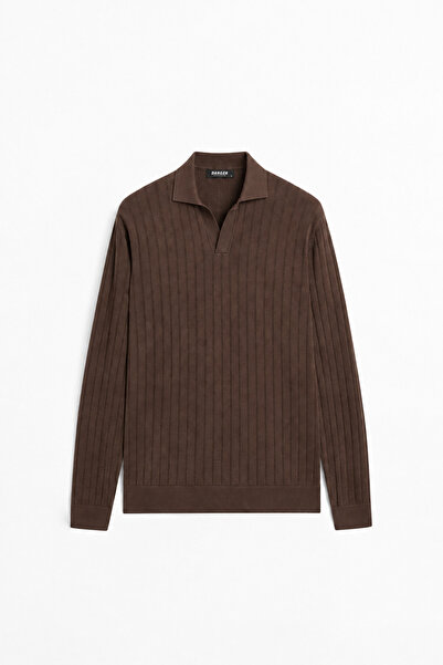 Danger Men's Polo Neck Ribbed Knit Sweater Brown