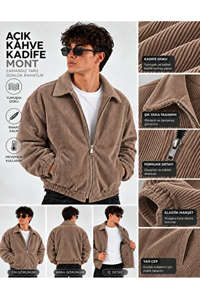 ZAGMEN Erkek Fitilli Kadife Fermuarlı Çıt Çıtlı Mont Oversize Kesim, Astarlı
