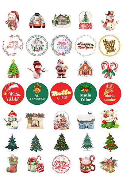 Bimotif Karışık Yılbaşı Sticker Seti - 35 çeşit (1 sayfa) - Kardan Adam, Çam ...