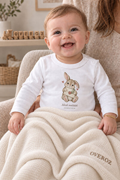 Overoz Long Sleeve Baby Bodysuit White Rabbit Printed Snap Fastener Body Litt...