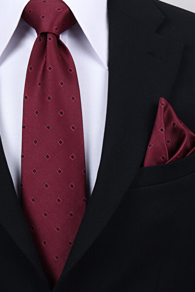 Esgue Hand Made 8 cm Square Patterned Claret Red Color Handkerchief Tie