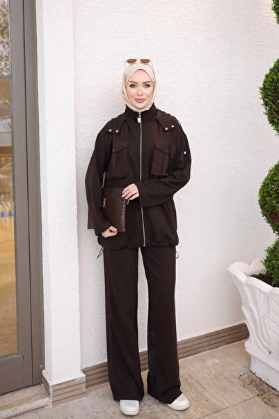 İmajButik Brown Hooded Garnished Tunic and Trousers Set