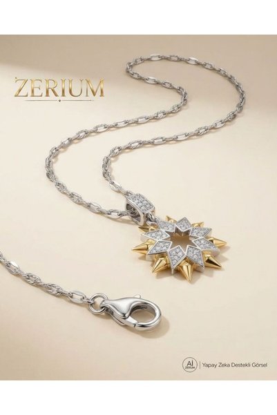 ZERİUM Trend Women's Steel Necklace Steel Zircon Stone Sun and North Star 45cm