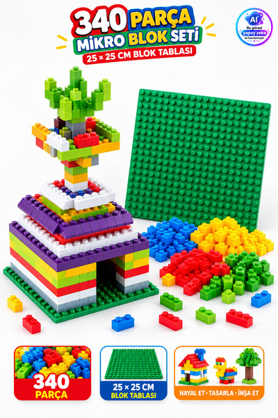YILDIRIM OYUNCAK 340 Parça Mikro Blok Yapı Seti – 25x25 cm Blok Tablalı 4 Ren...