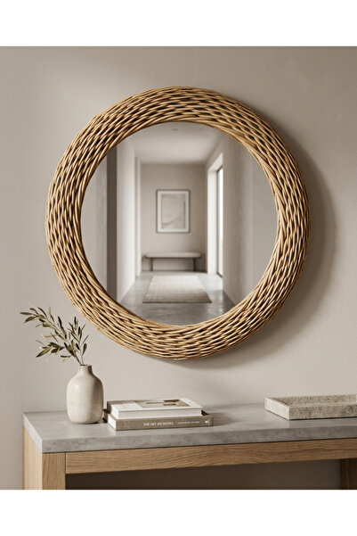 ELZEY HOME Rattan Kenarlıklı Dekoratif Duvar Aynası 40 cm