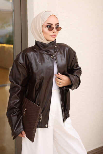 İmajButik Brown Stand Collar Zippered Leather Jacket