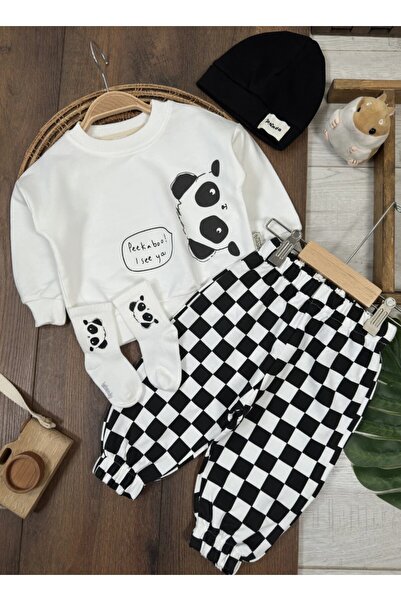 my petit panda Panda Baskılı Oversize Sweatshirt Kareli Pantolon Bere ve Çora...