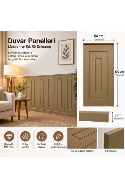 Wooden Factory Dekoratif Duvar Paneli ( 54 X 100 ) Boyanabilir Ahşap 6 Mm Ham...