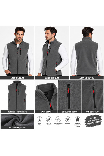 ÇİL TEKSTİL UNİSEX Polar Yelek Tam Fermuarlı Outdoor Spor Yelek 3 cepli