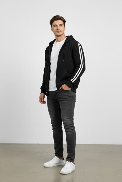Altamira Men's Black Stripe Detailed Hooded Oversize Cardigan