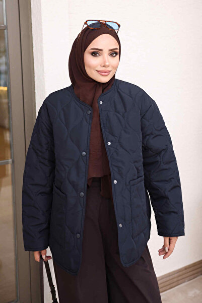 İmajButik معطف مبطن باللون الأزرق الداكن مع جيوب وأزرار كبس