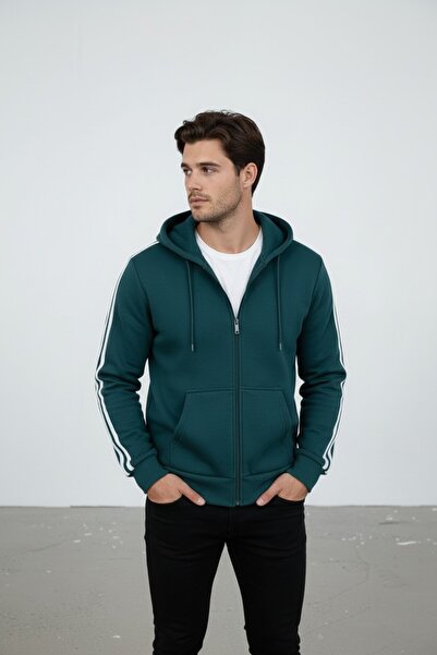 Altamira Men's Petrol Blue Stripe Detailed Hooded Oversize Cardigan