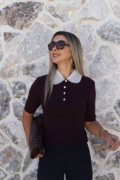 bytugcekaya Mürdüm Standard Size Collar Stone-Embellished Blouse