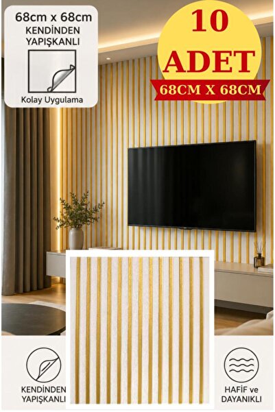 Renkli Duvarlar 10 ADET 68x68cm Gold Sarı 3D Lambiri Desenli Kendinden Yapışk...