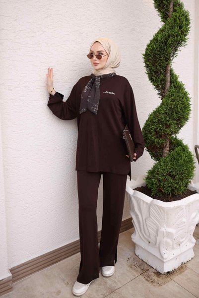 İmajButik طقم تونيك بتفاصيل وشاح بني مع بنطلون