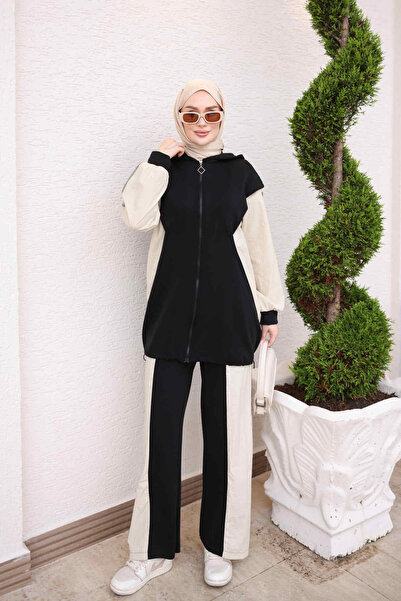 İmajButik Black Hooded Zippered Tunic Pants Set