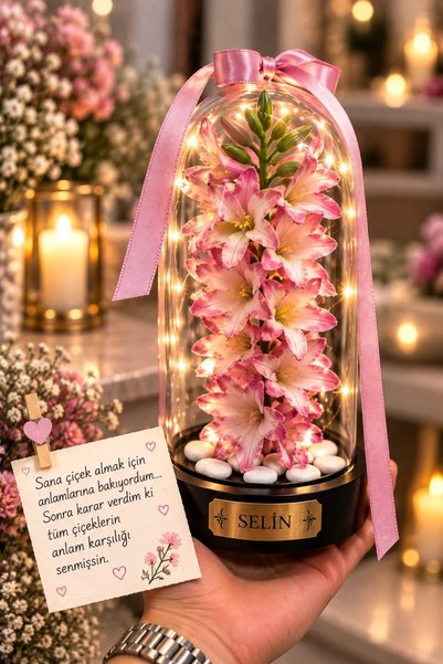 BYSHOPPİNG Dekoratif Led Işıklı Sümbül Fanusu Sevigliye Özel Hediyelik Gece L...