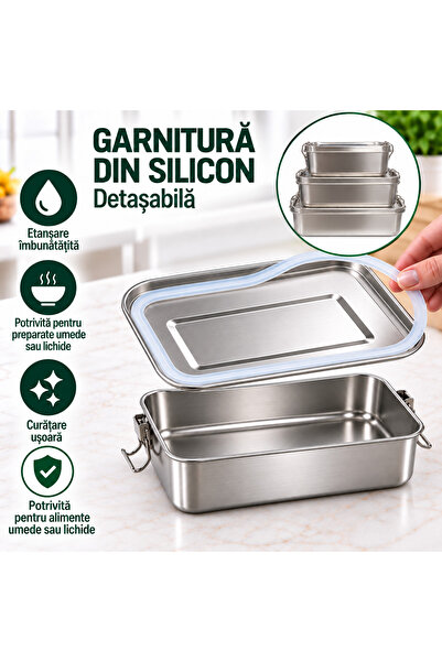 Tinklu Set 3 Caserole din Inox 304 Tinklu, 2400 ml, 1400 ml și 850 ml, cu Capace și Cleme, Garnituri din Silicon Detașabile, Separatoare Reglabile