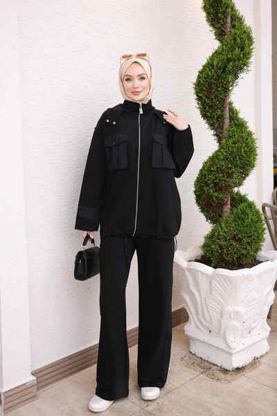 İmajButik Black Hooded Garnished Tunic and Pants Set