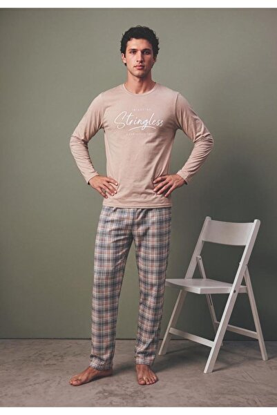 TOSKI Pijama barbati, Bluza maneca lunga cu imprimeu "Stringless" si Pantalon...