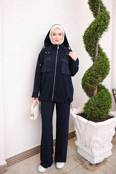 İmajButik Navy Blue Hooded Garnished Tunic and Pants Set