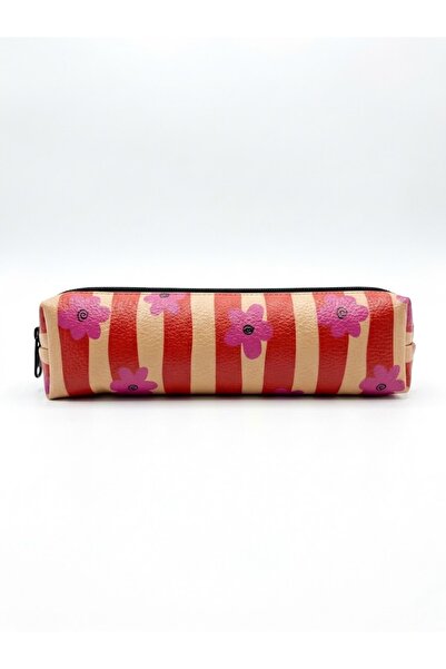 PALTO TASARIM Red Striped Pink Floral Pattern Zippered Pen Holder - Single Co...